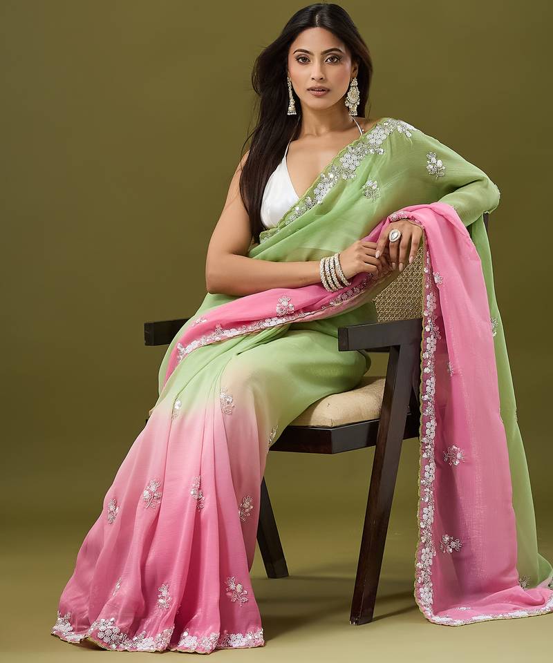 Pink & green tissue satin embellished saree with unstitched blouse piece.