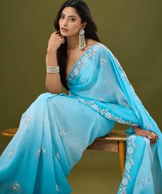 Blue tissue satin embellished saree with unstitched blouse piece. 1