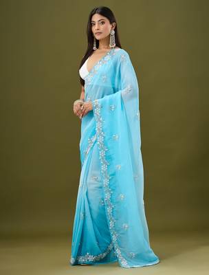 Blue tissue satin embellished saree with unstitched blouse piece. 5