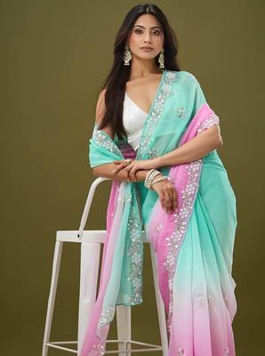 Pink & sea green tissue satin embellished saree with unstitched blouse piece. 1