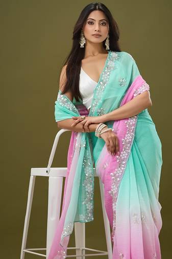 Pink & sea green tissue satin embellished saree with unstitched blouse piece.
