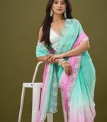 Pink & sea green tissue satin embellished saree with unstitched blouse piece.
