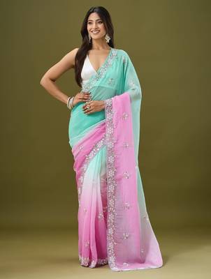 Pink & sea green tissue satin embellished saree with unstitched blouse piece. 2