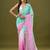 Pink & sea green tissue satin embellished saree with unstitched blouse piece.