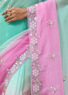 Pink & sea green tissue satin embellished saree with unstitched blouse piece. 3