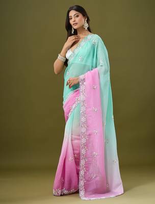 Pink & sea green tissue satin embellished saree with unstitched blouse piece. 5