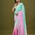 Pink & sea green tissue satin embellished saree with unstitched blouse piece.