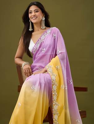 Lavender tissue satin embellished saree with unstitched blouse piece. 1