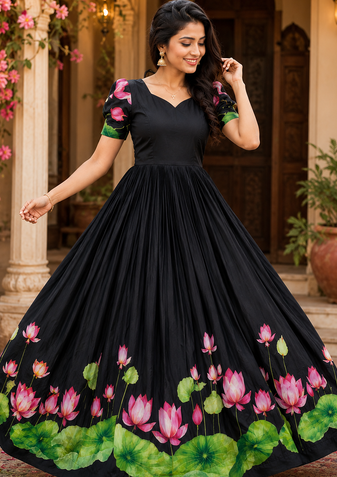 black color elegant lotus floral digital print  silk blend anarkali gown