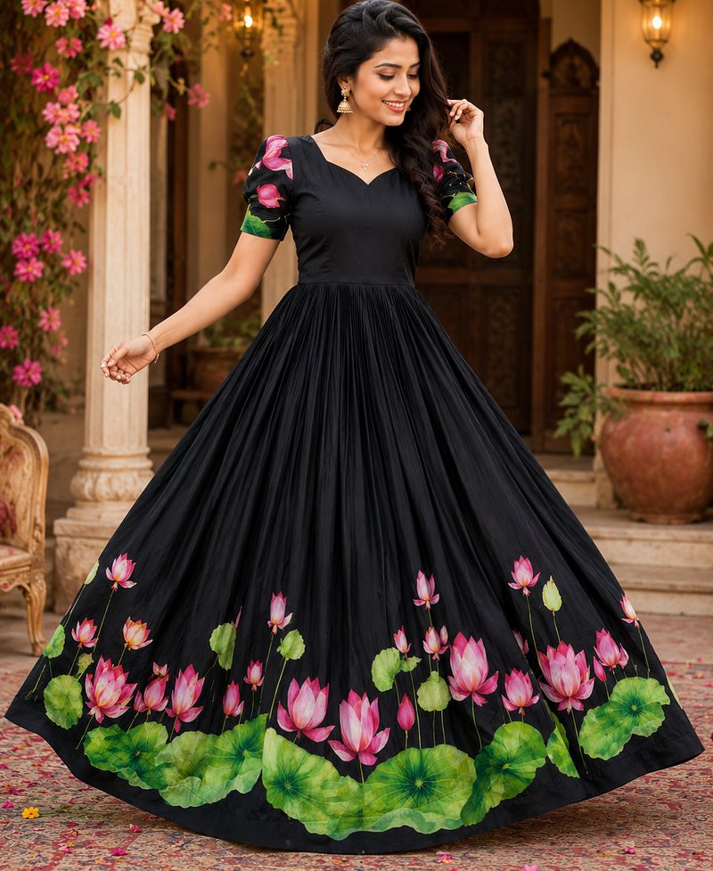black color elegant lotus floral digital print  silk blend anarkali gown