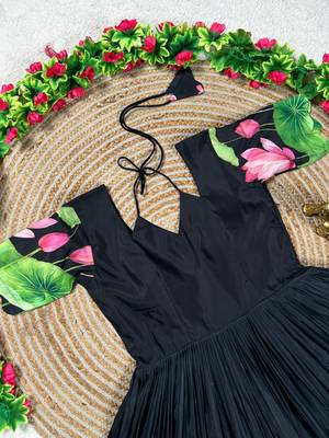black color elegant lotus floral digital print  silk blend anarkali gown 2