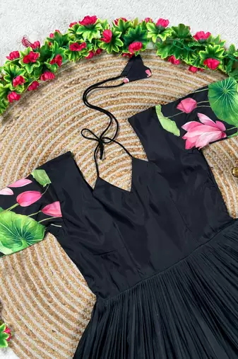 black color elegant lotus floral digital print  silk blend anarkali gown