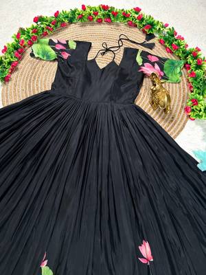 black color elegant lotus floral digital print  silk blend anarkali gown 3