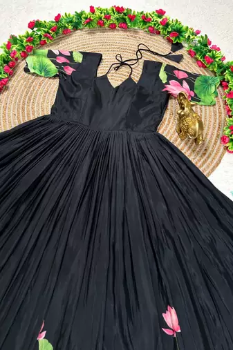 black color elegant lotus floral digital print  silk blend anarkali gown