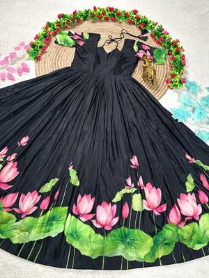 black color elegant lotus floral digital print  silk blend anarkali gown 4