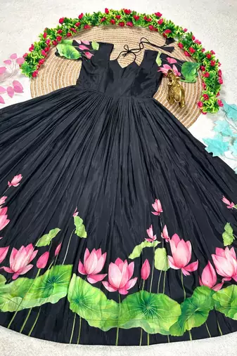 black color elegant lotus floral digital print  silk blend anarkali gown