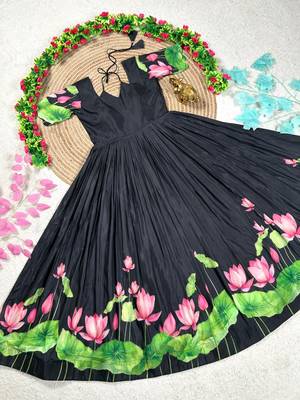 black color elegant lotus floral digital print  silk blend anarkali gown 5