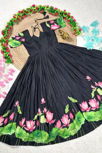black color elegant lotus floral digital print  silk blend anarkali gown