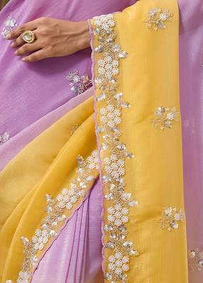Lavender tissue satin embellished saree with unstitched blouse piece. 3