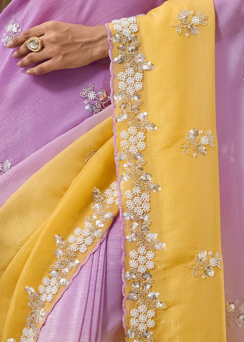 Lavender tissue satin embellished saree with unstitched blouse piece.