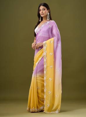 Lavender tissue satin embellished saree with unstitched blouse piece. 5