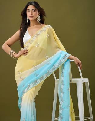 Yellow & sky blue tissue satin embellished saree with unstitched blouse piece. 1