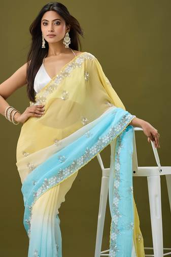 Yellow & sky blue tissue satin embellished saree with unstitched blouse piece.