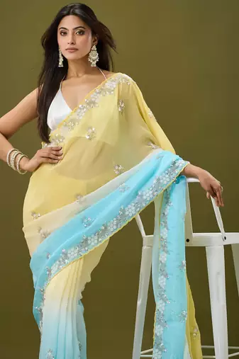 Yellow & sky blue tissue satin embellished saree with unstitched blouse piece.