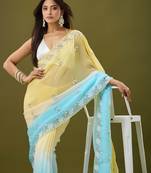 Yellow & sky blue tissue satin embellished saree with unstitched blouse piece.