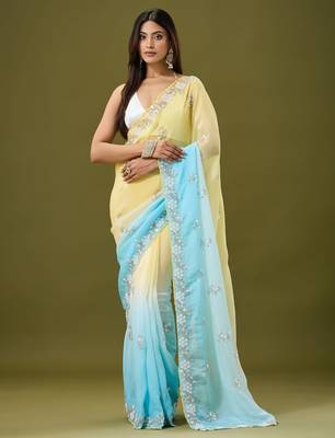 Yellow & sky blue tissue satin embellished saree with unstitched blouse piece. 2