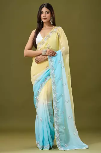Yellow & sky blue tissue satin embellished saree with unstitched blouse piece.