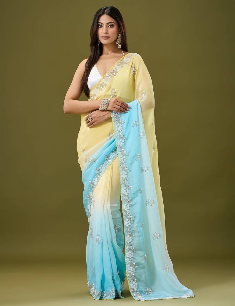 Yellow & sky blue tissue satin embellished saree with unstitched blouse piece.