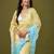 Yellow & sky blue tissue satin embellished saree with unstitched blouse piece.