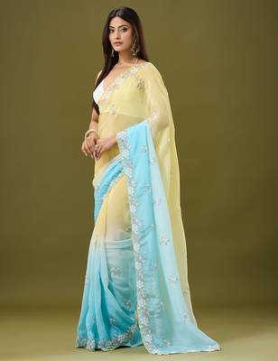 Yellow & sky blue tissue satin embellished saree with unstitched blouse piece. 5