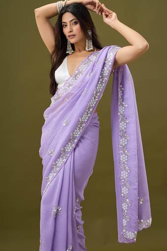 Lilac tissue satin embellished saree with unstitched blouse piece.