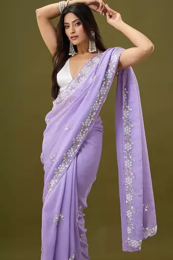Lilac tissue satin embellished saree with unstitched blouse piece.