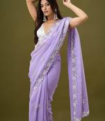 Lilac tissue satin embellished saree with unstitched blouse piece.