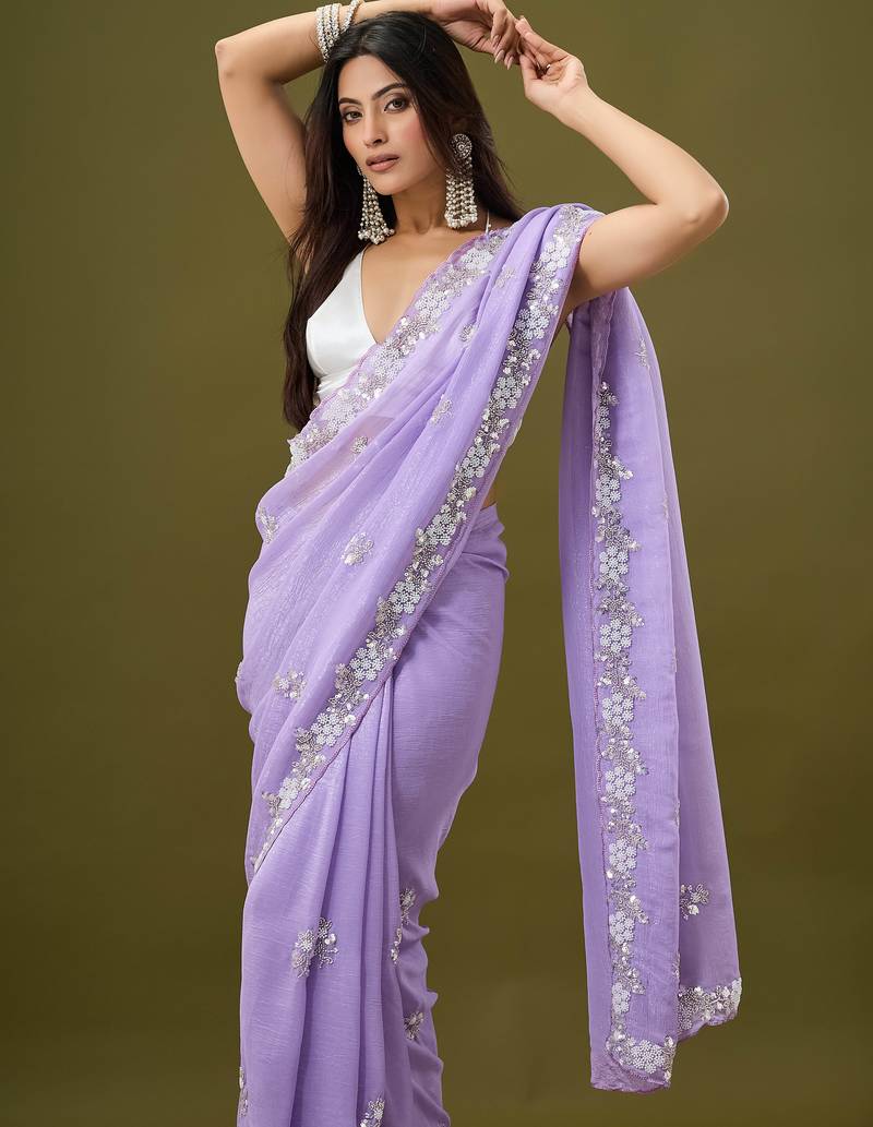 Lilac tissue satin embellished saree with unstitched blouse piece.