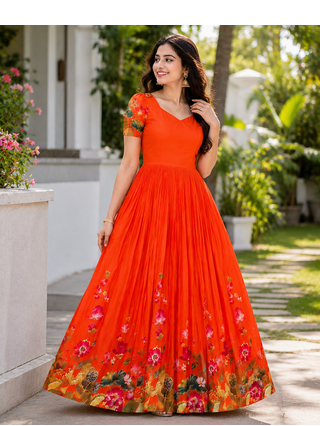 orange color elegant lotus floral digital print  silk blend anarkali gown 1
