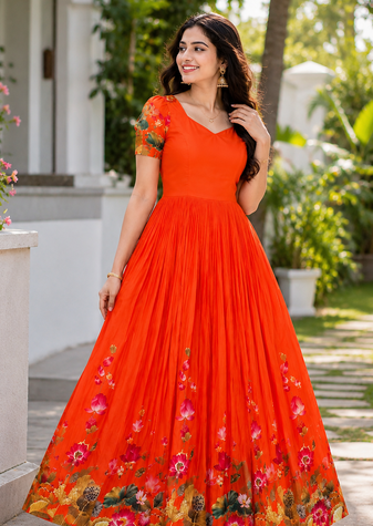orange color elegant lotus floral digital print  silk blend anarkali gown