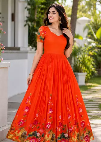 orange color elegant lotus floral digital print  silk blend anarkali gown