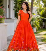 orange color elegant lotus floral digital print  silk blend anarkali gown