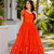 orange color elegant lotus floral digital print  silk blend anarkali gown