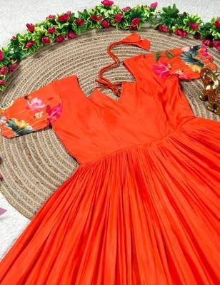 orange color elegant lotus floral digital print  silk blend anarkali gown 2