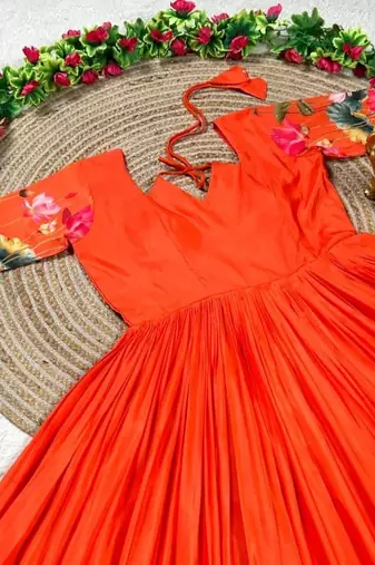 orange color elegant lotus floral digital print  silk blend anarkali gown