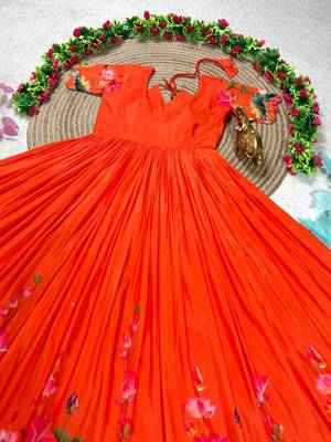 orange color elegant lotus floral digital print  silk blend anarkali gown 3