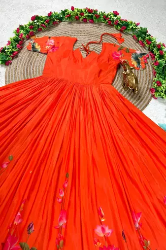 orange color elegant lotus floral digital print  silk blend anarkali gown