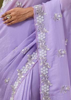 Lilac tissue satin embellished saree with unstitched blouse piece. 3