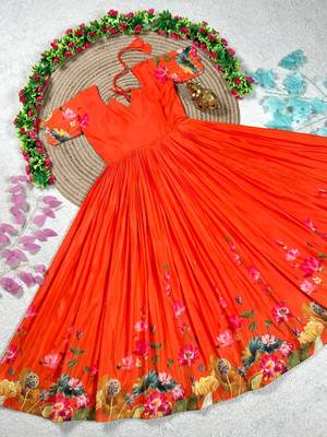 orange color elegant lotus floral digital print  silk blend anarkali gown 4