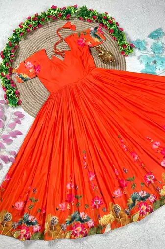orange color elegant lotus floral digital print  silk blend anarkali gown